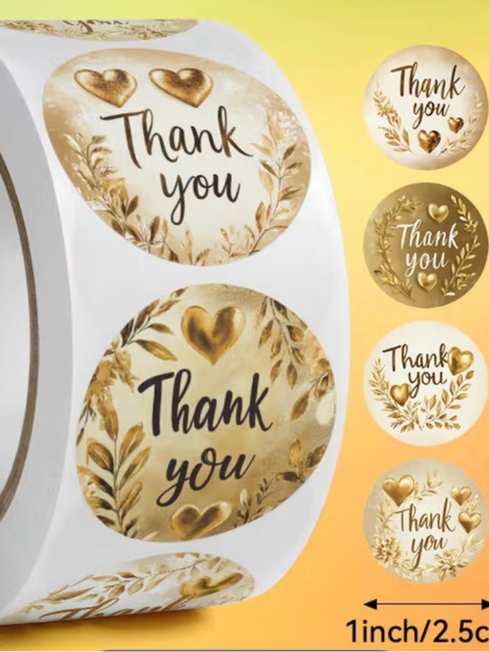 Gold Thank You Sticker Roll - Metallic Script & Hearts 500 Ct - Picture 2 of 2